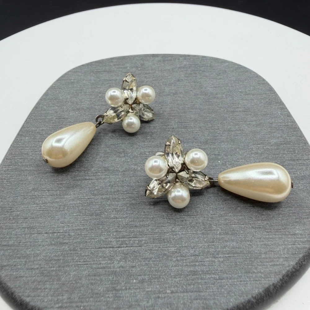 Faux Pearl Rhinestone Teardrop Dangle Earrings Bridal Coquette Statement Gift